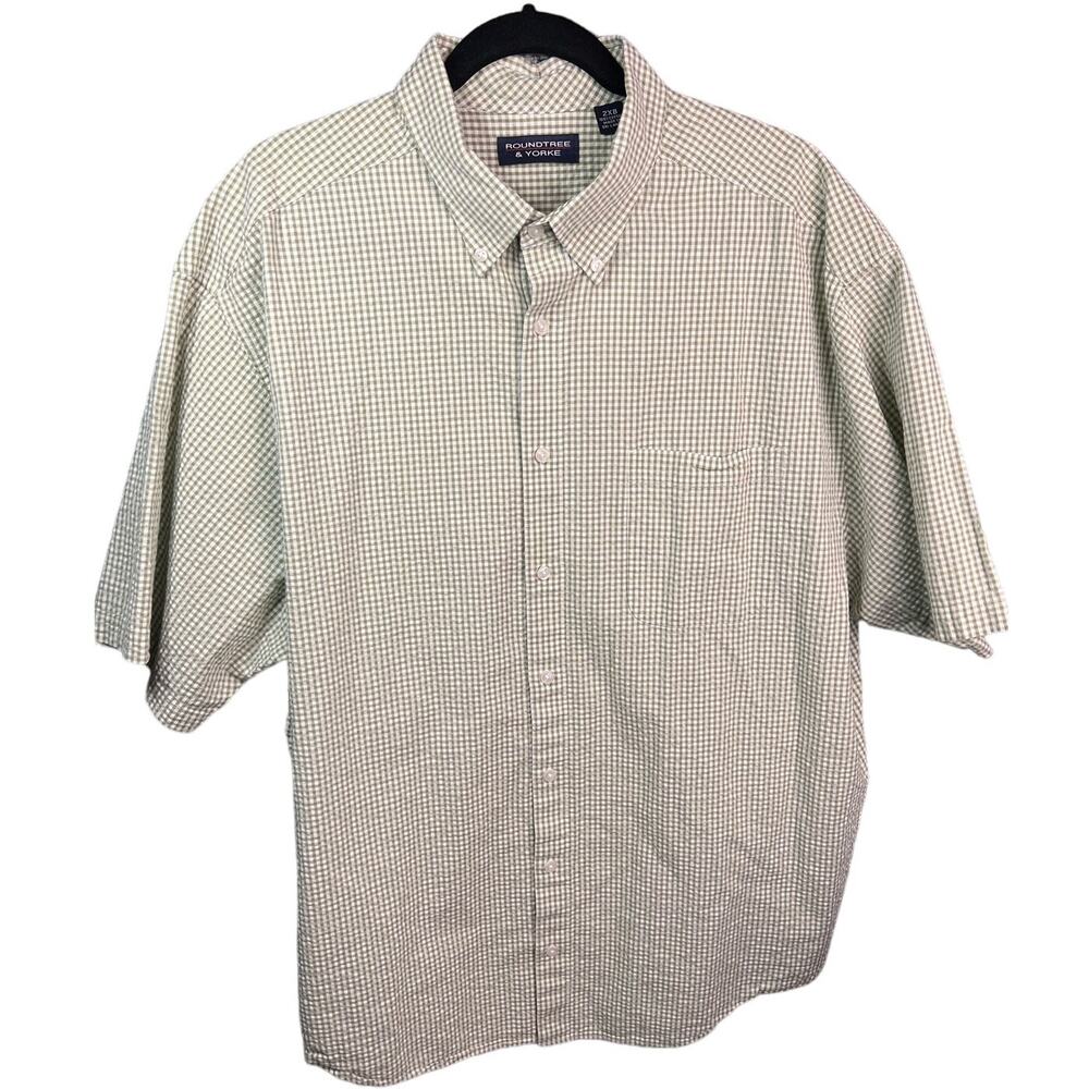 Roundtree & Yorke Shirt Mens 2XB-Green White Checked Seersucker Short Sleeve BD
